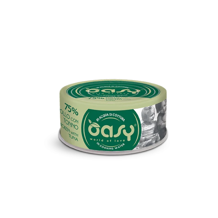 Oasy Wet Cat More Love Cibo Umido per Gatti in Lattina gusto Pollo con Tonno 70 g