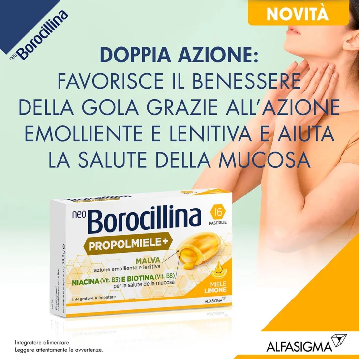 NeoBorocillina Propolmiele+ Mal di Gola Gusto Miele-Limone 16 Pastiglie