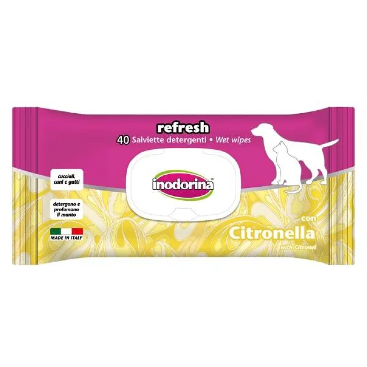 Inodorina Salviette igienizzanti e detergenti per animali con Citronella 40 salviette