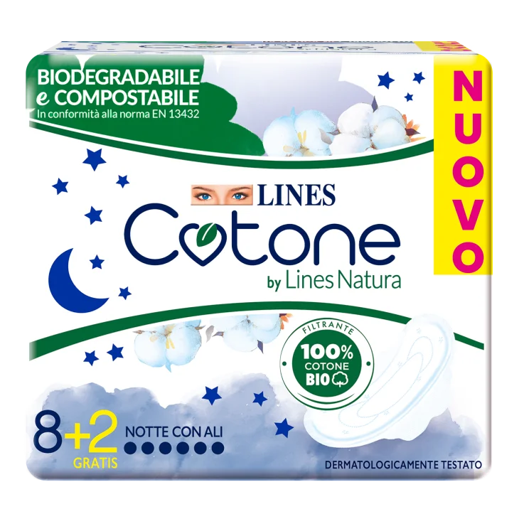 Lines Cotone Bio Ultra Notte Assorbenti con Ali 8+2 Pezzi