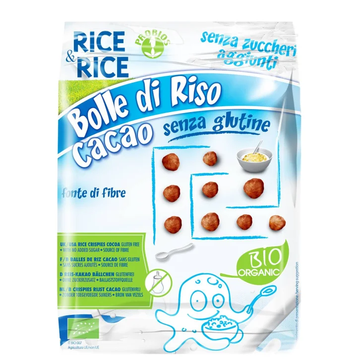 Rice&Rice Bolle di Riso al Cacao Cereali Biologici Senza Glutine Senza Zuccheri Aggiunti e Senza Lieviti