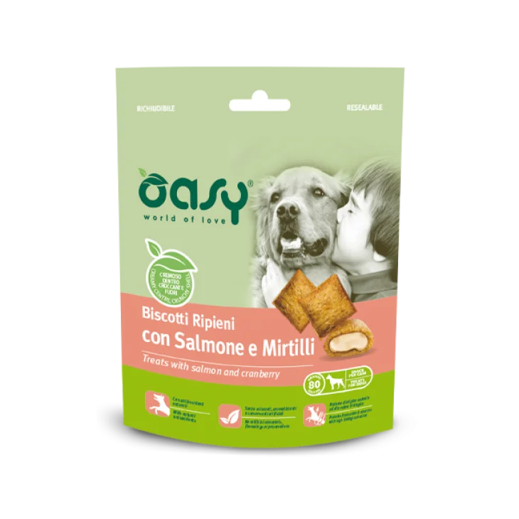 Oasy Snack Dog Biscotti Ripieni con Salmone e Mirtilli 80 g
