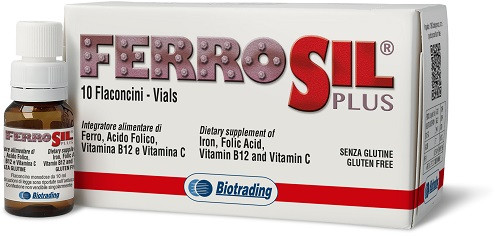 Biotrading Ferrosil Plus Integratore Ferro Acido Folico Vitamina B12 C 10 Flaconcini