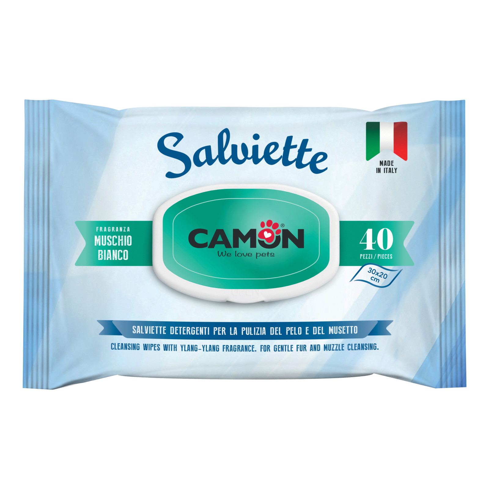 Camon Salviette Detergenti per Cani e Gatti Muschio Bianco 40 Pezzi 20x30 cm