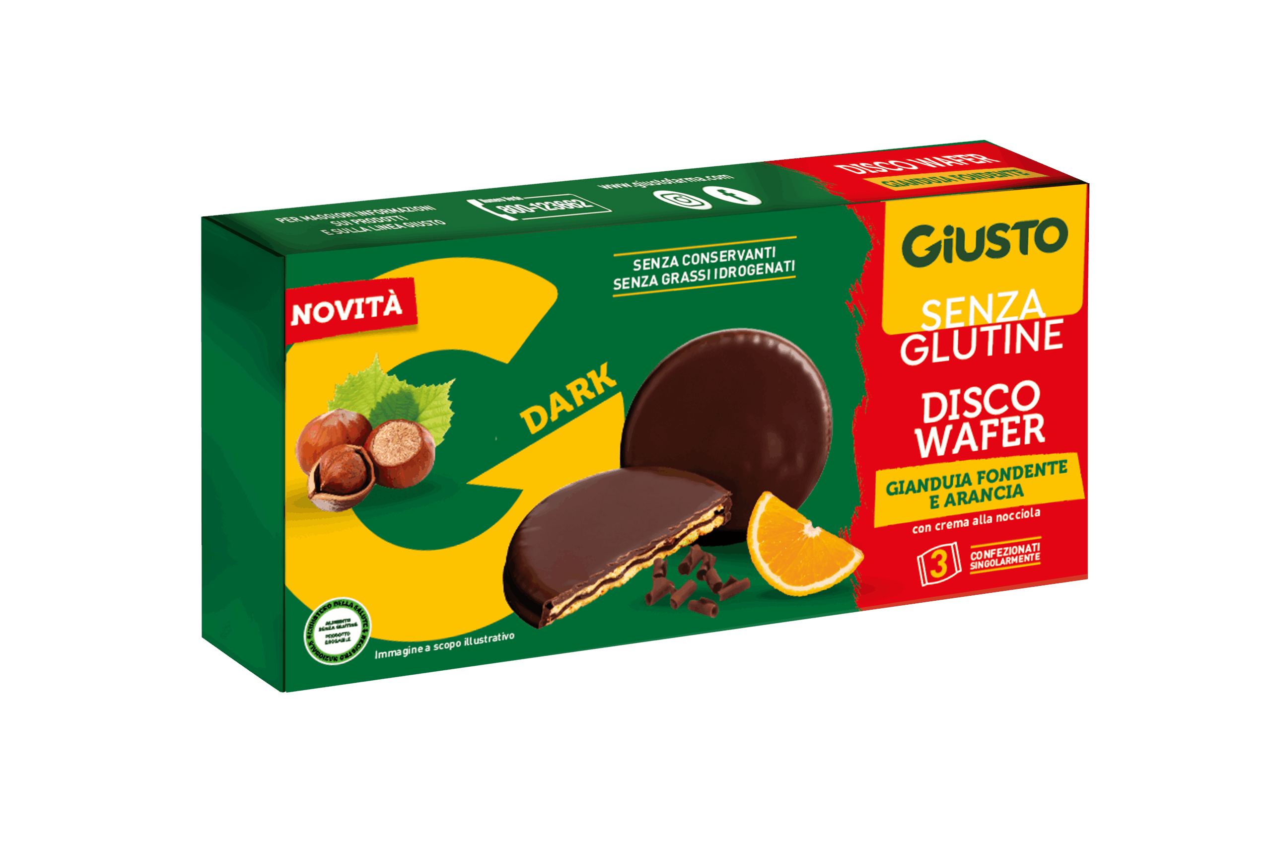 Giusto Senza Glutine Disco Wafer Snack Gusto Cioccolato Gianduia Fondente e Arancia 3 X 24 g