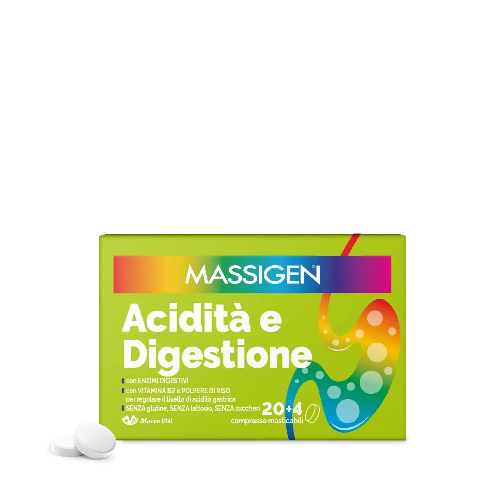 Massigen Acidità e Digestione Integratore per Disturbi Gastrointestinali 24 compresse masticabili