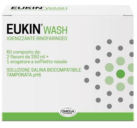 Omega Pharma Eukin Wash Igienizzante Orofaringeo Kit 2 Flaconi da 250 ml+ Erogatore a Soffietto Nasale