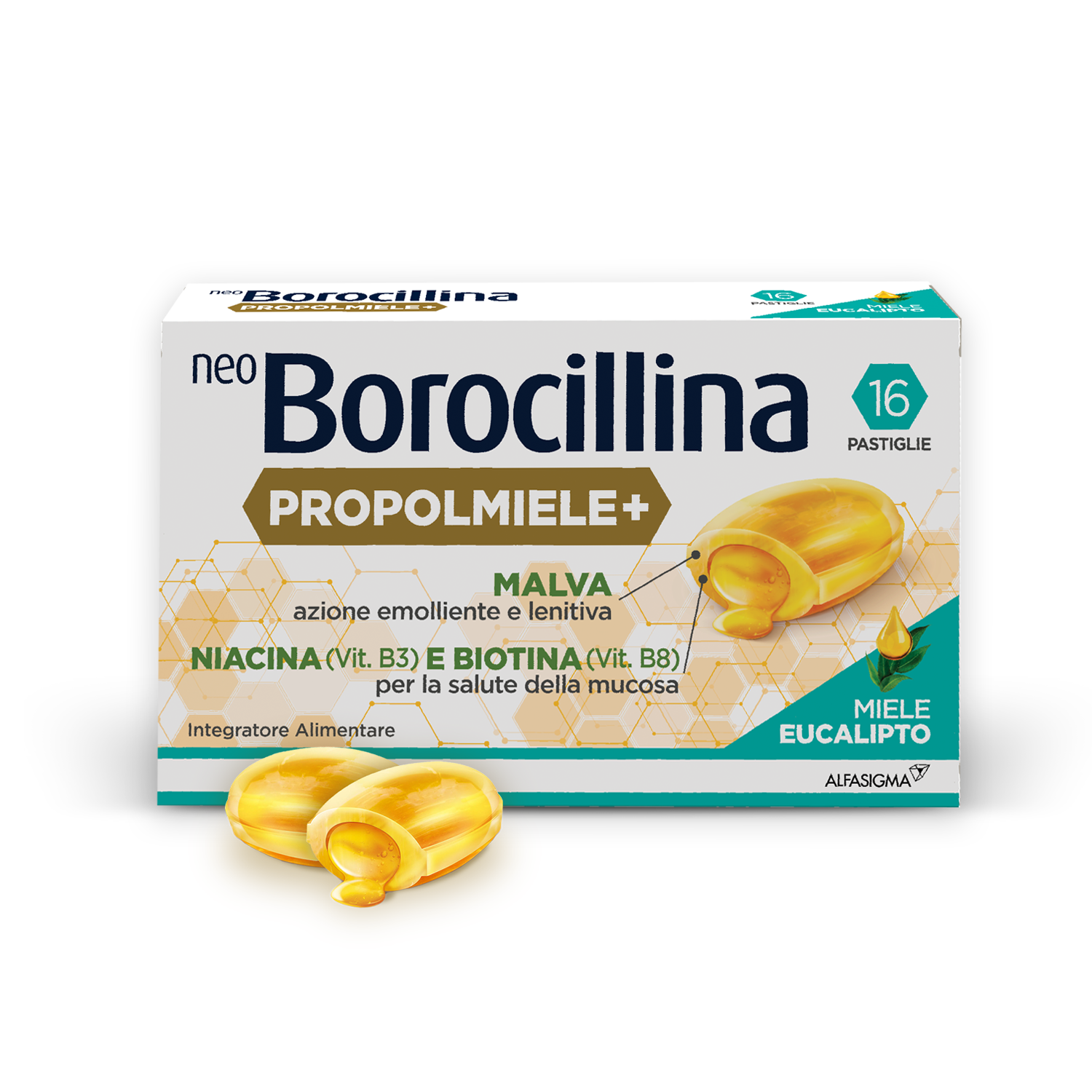 NeoBorocillina Propolmiele+ Mal di Gola Gusto Miele - Eucalipto 16 Pastiglie