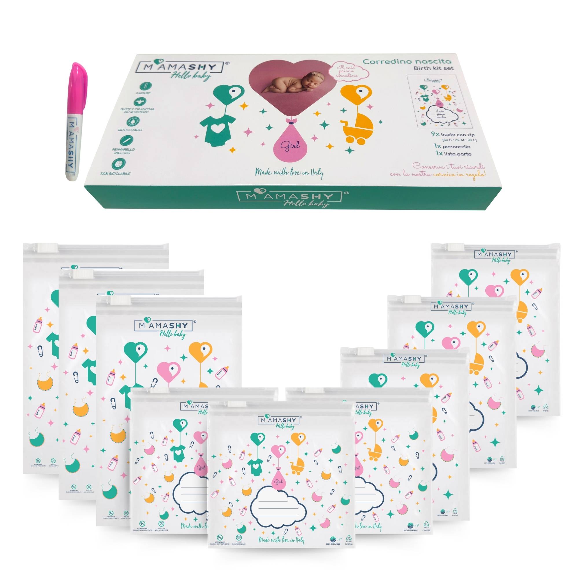 MamaShy Hello Baby Corredino Nascita Buste in Plastica con Zip Girl 9 pezzi