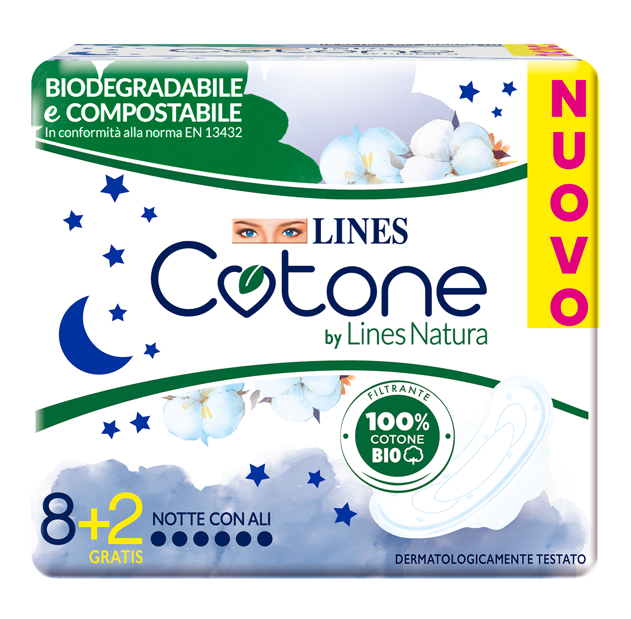 Lines Cotone Bio Ultra Notte Assorbenti con Ali 8+2 Pezzi
