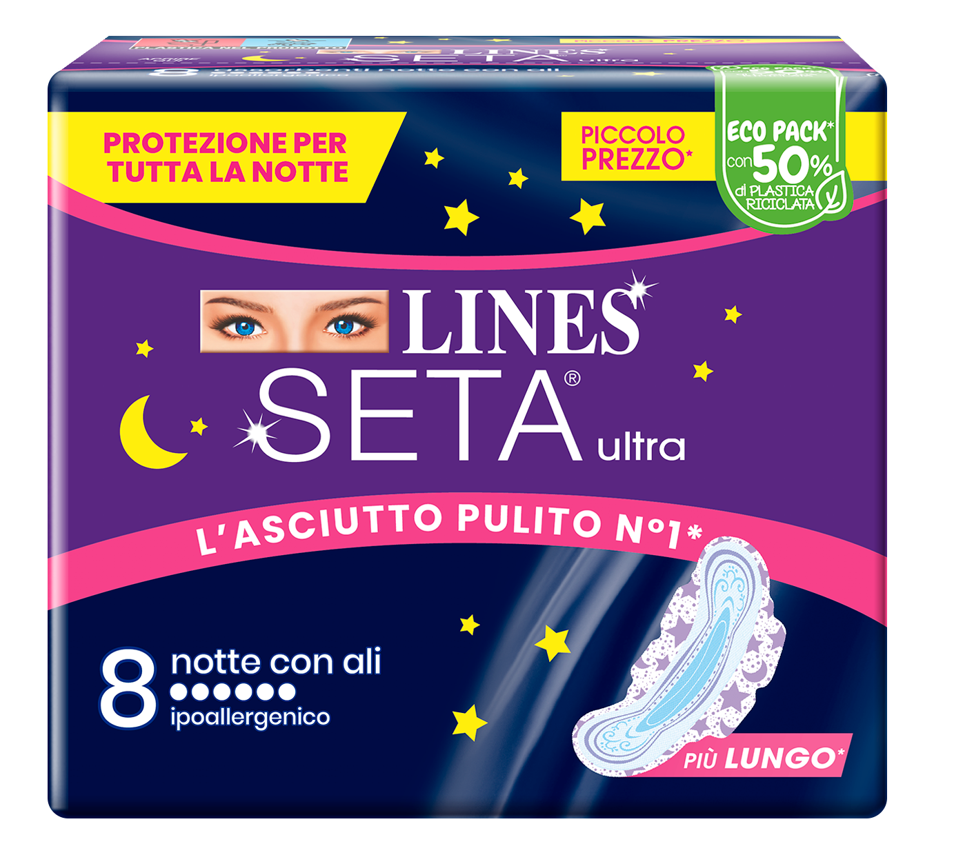 Lines Seta Ultra Assorbenti Notte Con Ali 8 pezzi