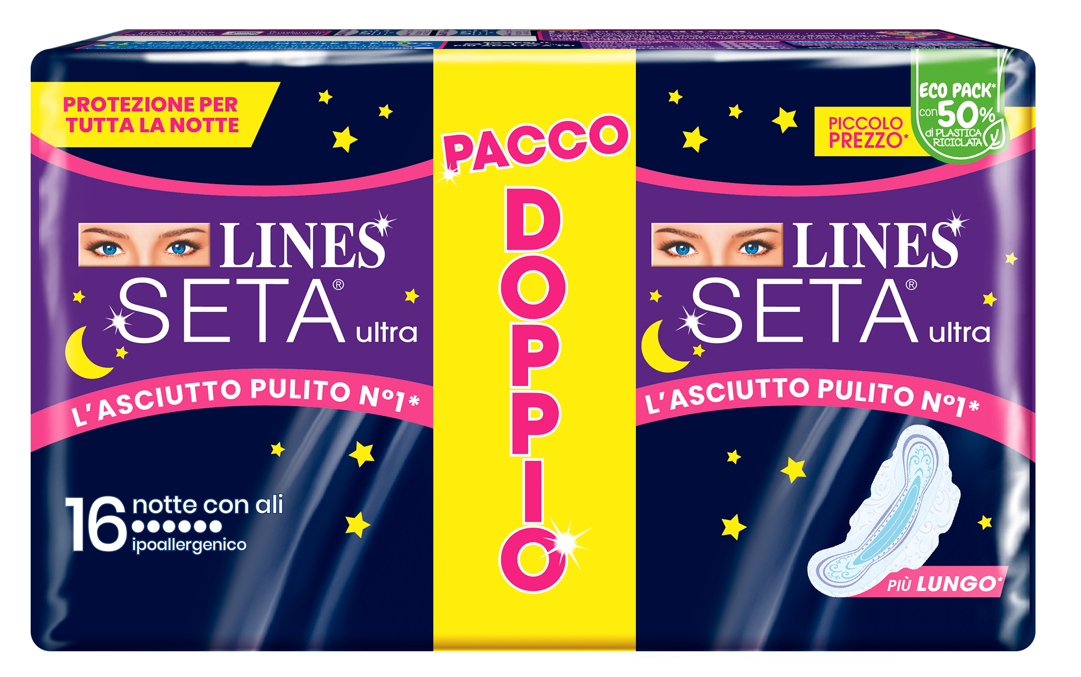 Lines Seta Ultra Assorbenti Notte Con Ali Pacco Doppio 16 pezzi