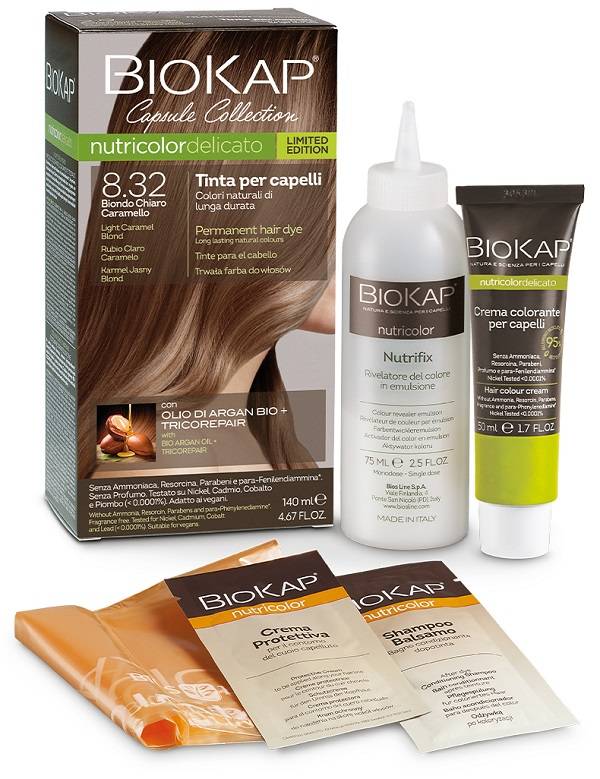 Bios Line BioKap Nutricolor Delicato Tinta per Capelli 8,32 Biondo Chiaro Caramello