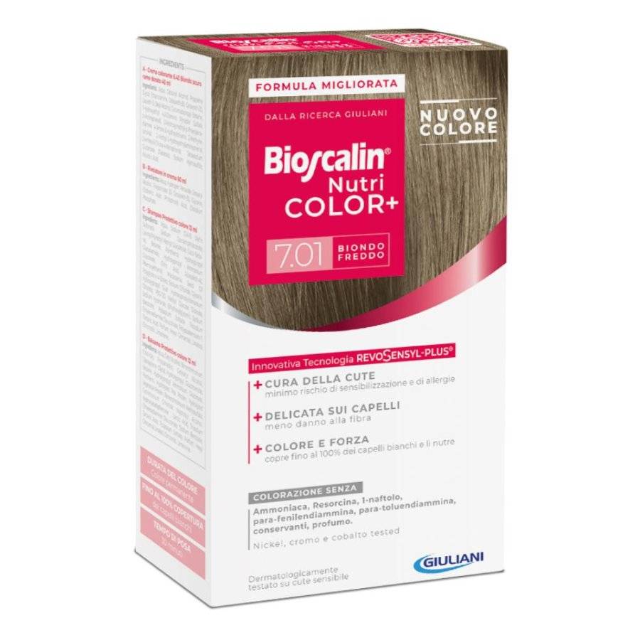 Bioscalin Nutri Color+ 7,01 Biondo Freddo Crema Colorante 40 ml + Rivelatore Crema 60 ml + Shampoo 12 ml + Balsamo 12 ml+ Guanti