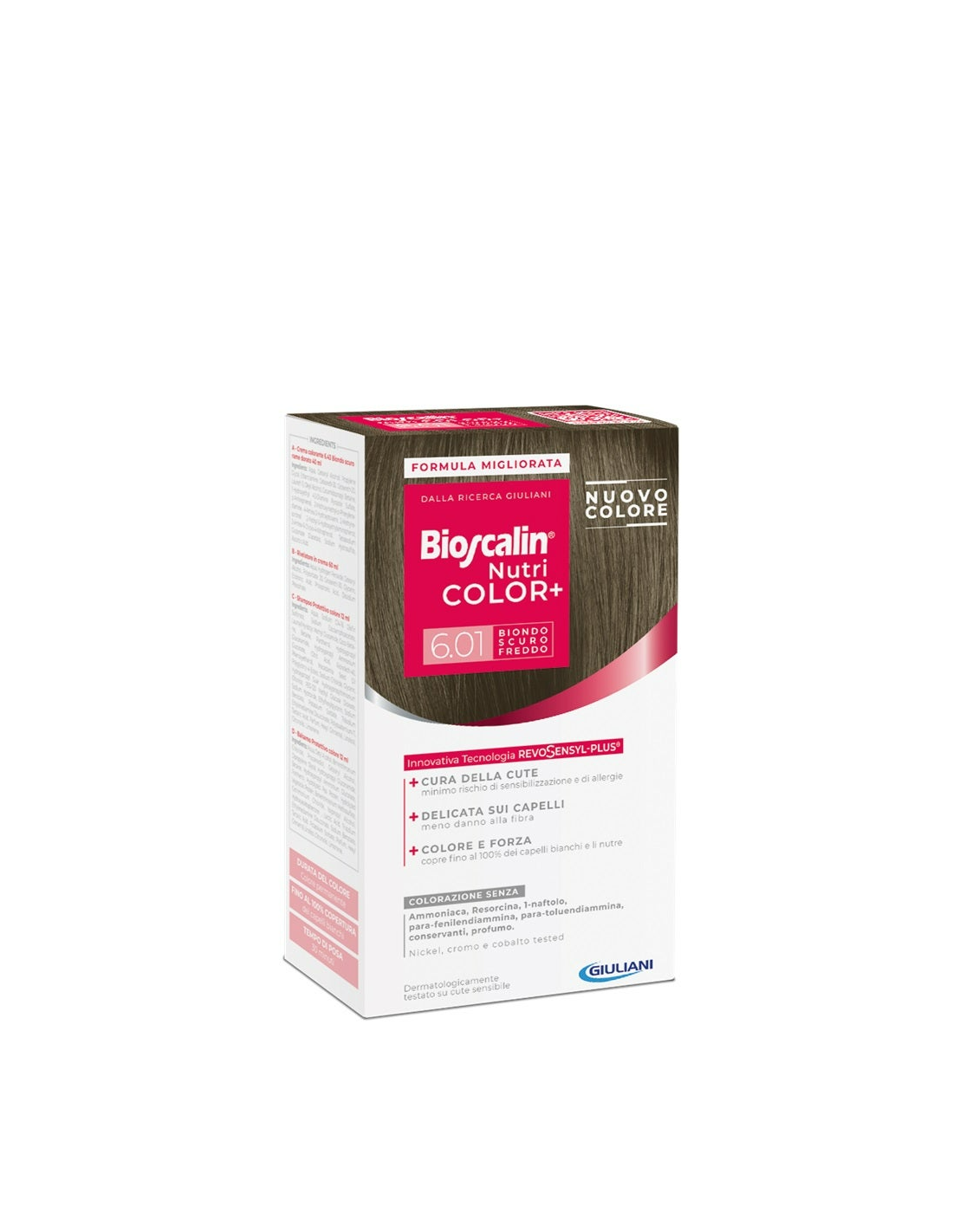 Bioscalin Nutri Color+ 6,01 Biondo Scuro Freddo Crema Colorante 40 Ml + Rivelatore Crema 60 ml + Shampoo 12 ml + Balsamo 12 ml