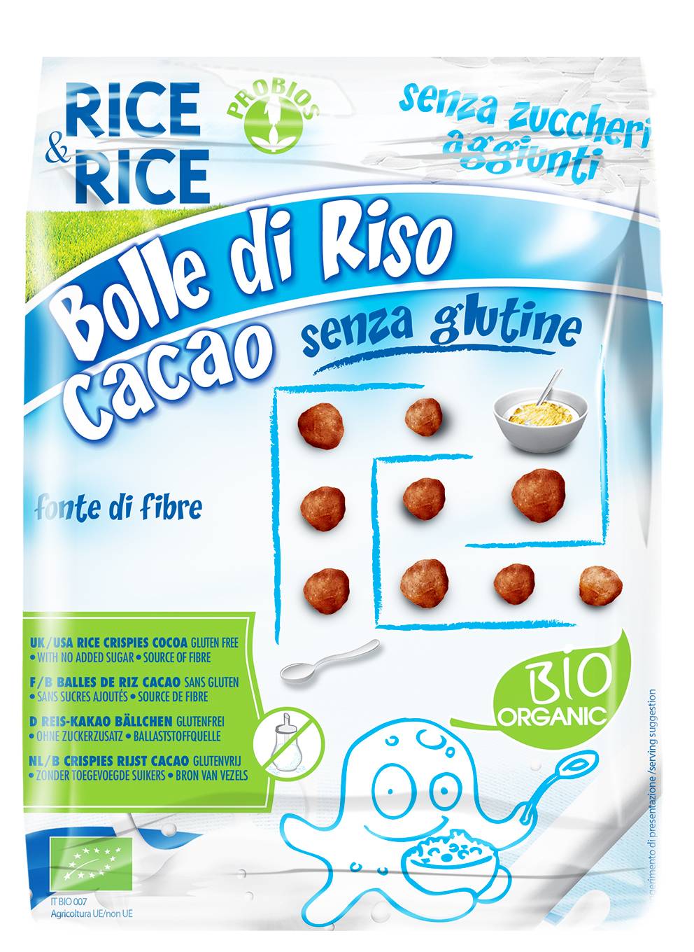 Rice&Rice Bolle di Riso al Cacao Cereali Biologici Senza Glutine Senza Zuccheri Aggiunti e Senza Lieviti