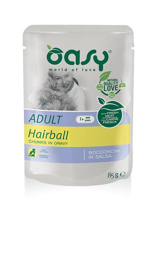 Oasy Adult Hairball Bocconcini in salsa per gatti predisposti ai Boli di Pelo 85 g