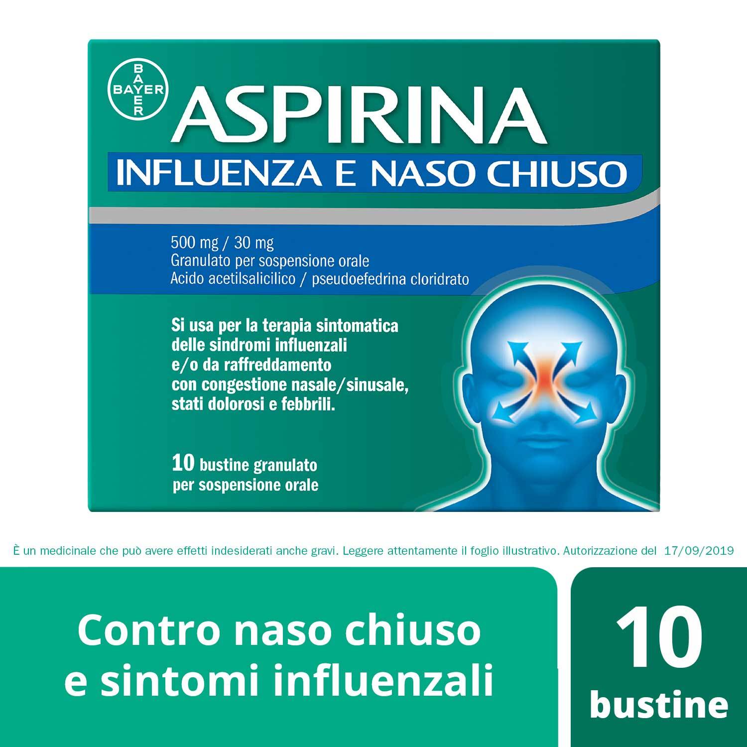 Aspirina 500 mg + 30 mg Influenza e Naso Chiuso 10 Bustine Granulato