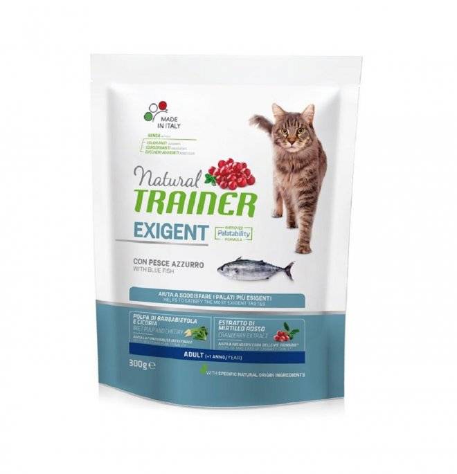 Natural Trainer Exigent Cibo Secco per gatti adulti gusto pesce azzurro 300 g