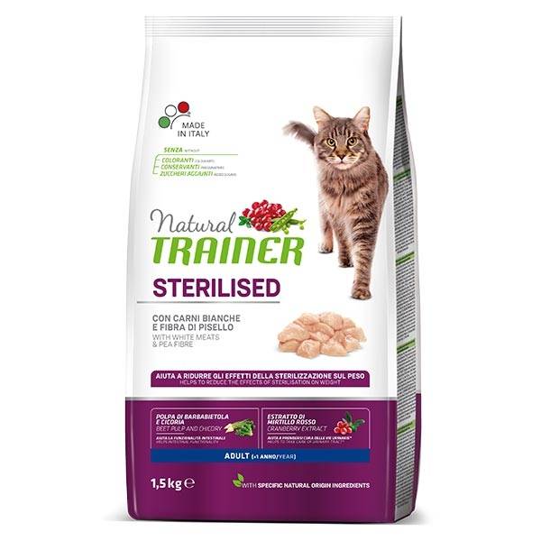 Natural Trainer Sterilised Cibo secco gatti adulti con carni bianche 300 g