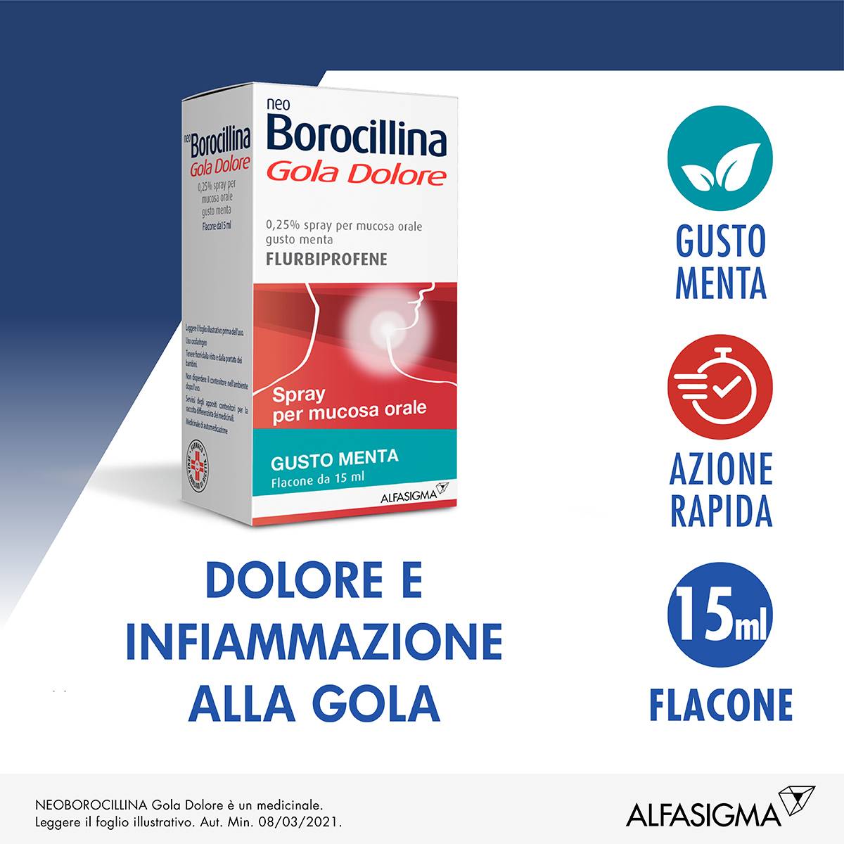 Neoborocillina Gola Dolore 37,5 mg - Flaconcino spray 15 ml - Gusto: menta - Gusto: menta