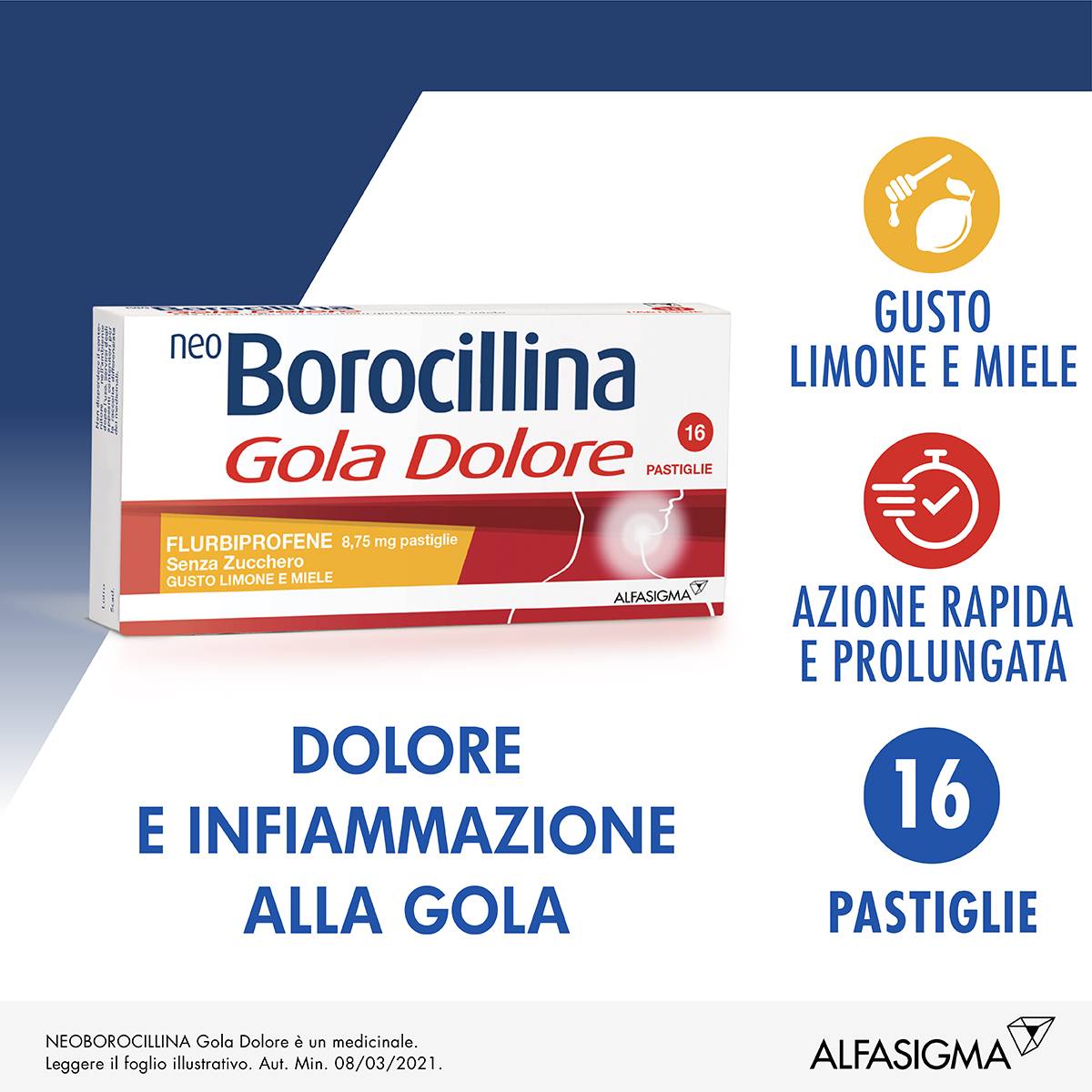 Neoborocillina Gola Dolore 8,75 mg - 16 pastiglie senza zucchero - Gusto: Menta Forte