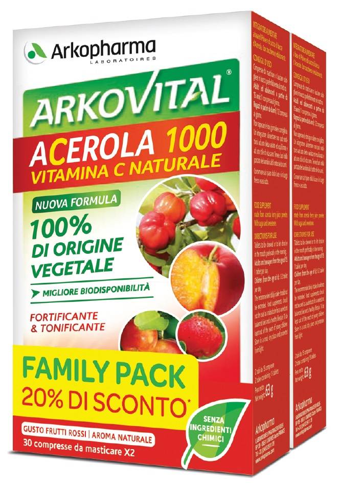 Arkopharma ACerola 1000 Family Pack Integratore di Vitamina C 60 compresse