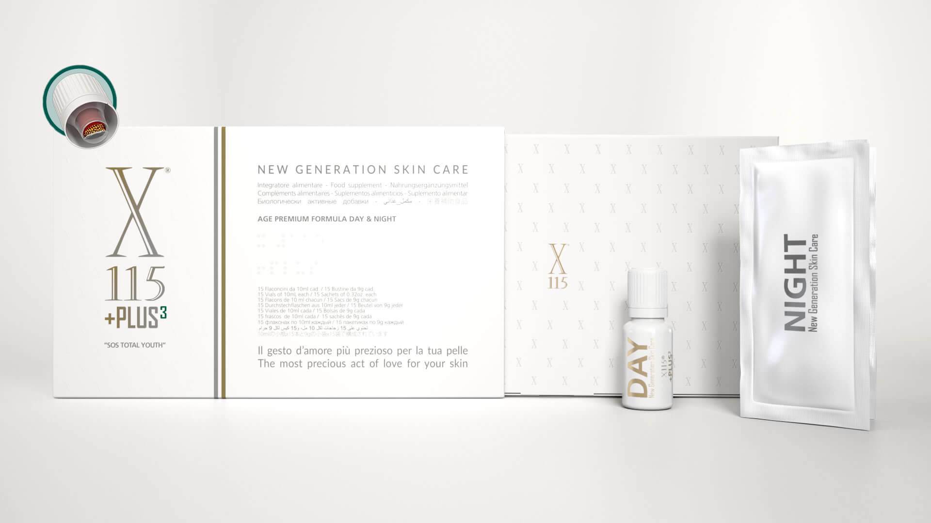 X115+ PLUS3 Integratore per la Pelle Day & Night Antirughe 15 flaconcini + 15 bustine