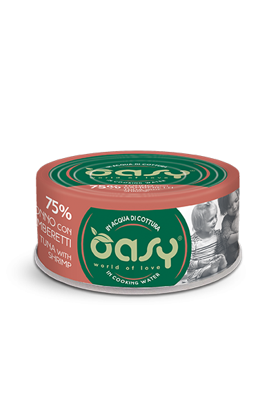 Oasy Wet Cat More Love Cibo Umido per Gatti in Lattina gusto Tonno con Gamberetti 70 g