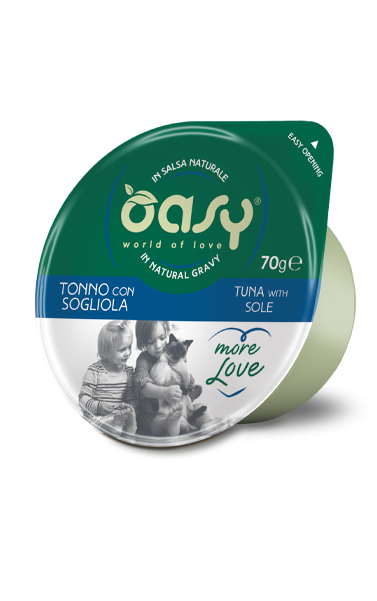 Oasy Wet Cat More Love Cibo Umido per Gatti Gusto Tonno con Sogliola Cup 70 g