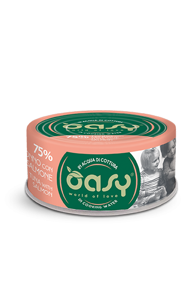 Oasy Wet Cat More Love Cibo Umido per Gatti in Lattina gusto Tonno con Salmone 70 g