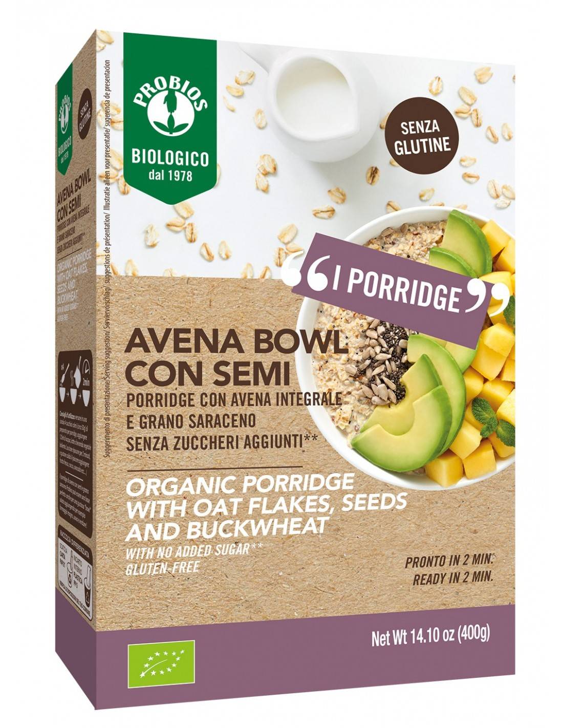 Probios Bio Avena Bowl Porridge con Avena Integrale e Grano Saraceno 400 g