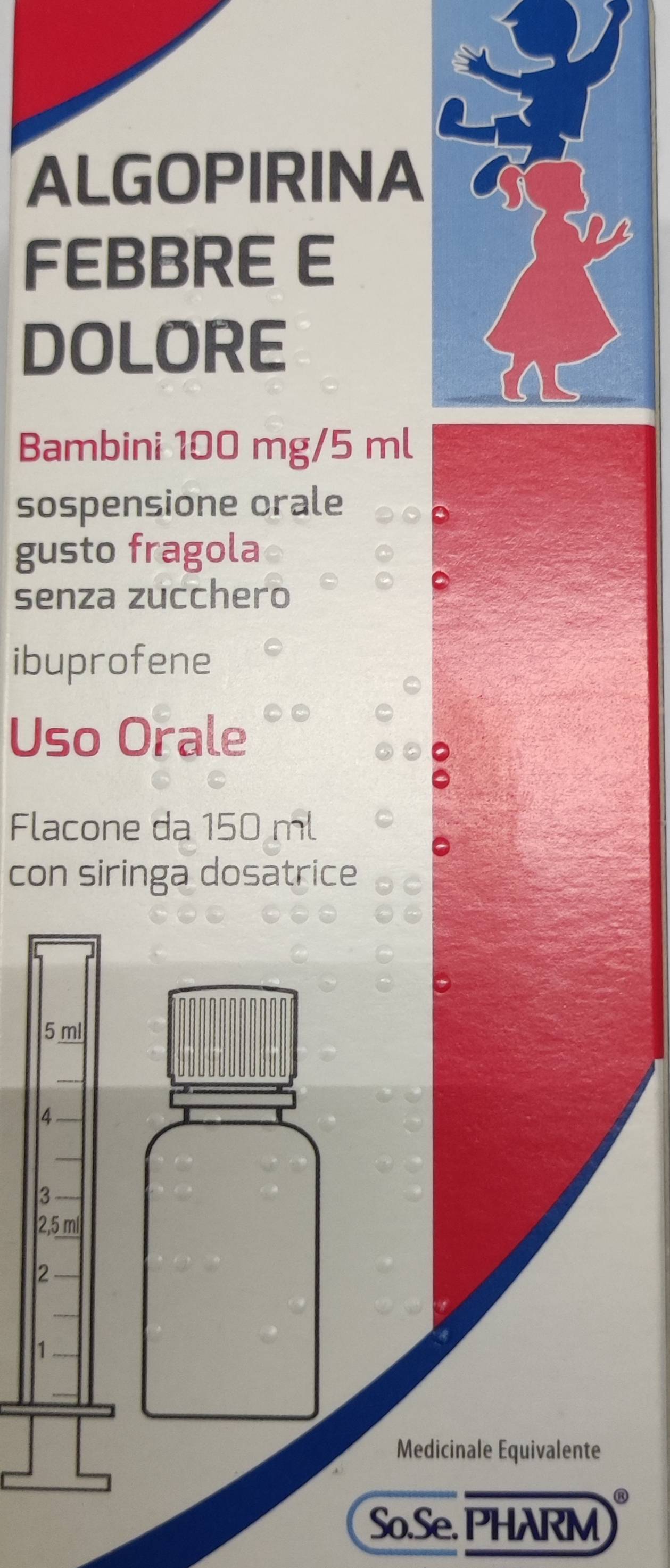 Algopirina Febbre e Dolore Ibuprofene Bambini Equivalente Nurofen Gusto Fragola 150 ml