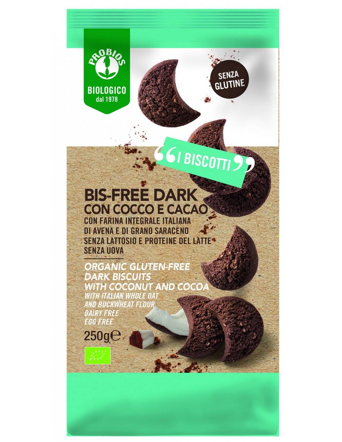 Probios Biscotto Bisfree Dark Con Cocco e Cacao Senza Glutine 250 g