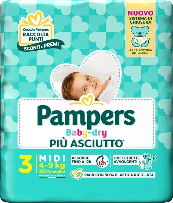 Pampers Baby Dry Pannolino per Bambini Taglia 3 Midi (4 - 9 Kg) 20 pannolini
