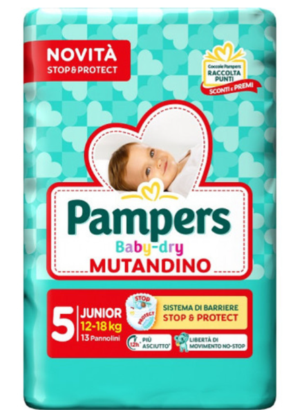 Pampers Baby Dry Junior 5 Stop & Protect Pannolini Taglia 5 (12 - 18 Kg) Confezione 13 Pezzi