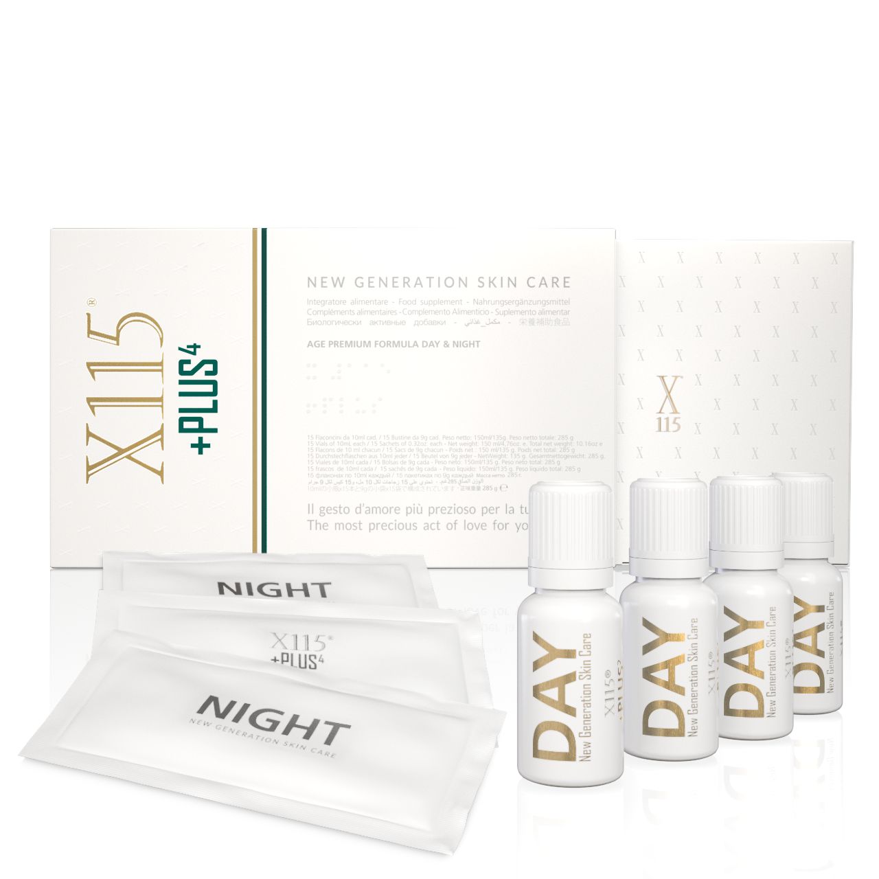 X115 +Plus 4 Integratore Antietà Elasticizzante per la Pelle 15 Flaconcini + 15 Bustine
