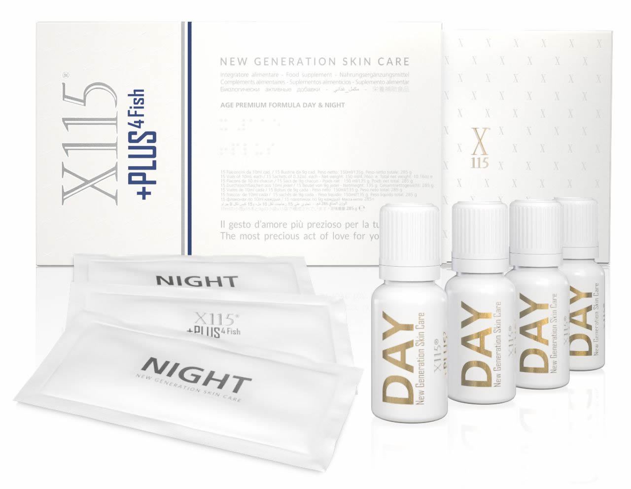 X115 +Plus 4 Fish Integratore Antietà per la Pelle 15 Flaconcini + 15 Bustine Night