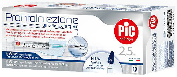 SIRINGA PIC SOLUTION PRONTO INIEZIONE 2,5 ML AGO GAUGE 23 11/4 10 PEZZI