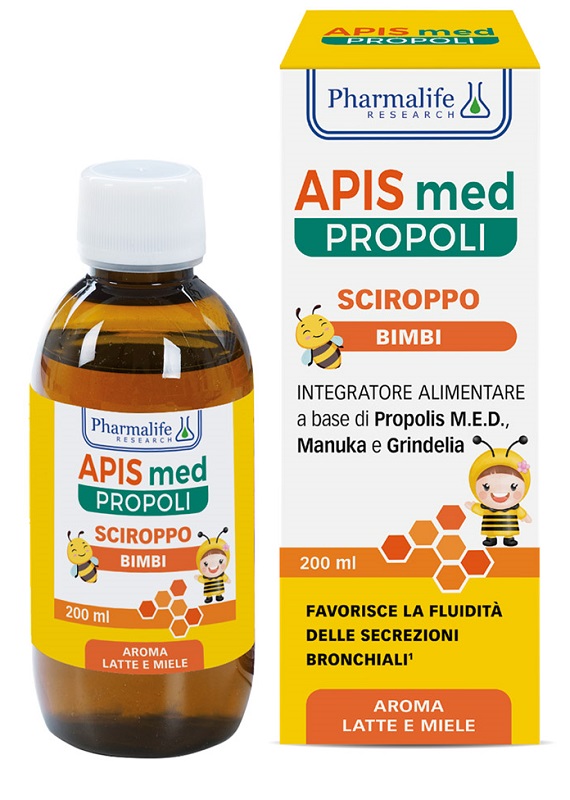 Pharmalife Research Apis Med Propoli Sciroppo Bimbi Favorisce Secrezioni Bronchiali Gusto Latte e Miele 200 ml