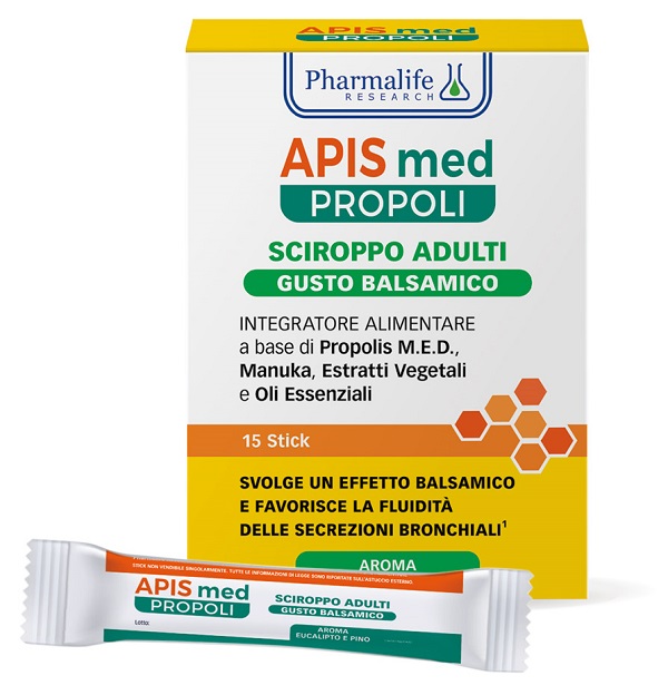 Pharmalife Research Apis Med Propoli Sciroppo Adulti Balsamico Fluidità Secrezioni Bronchiali 15 stick