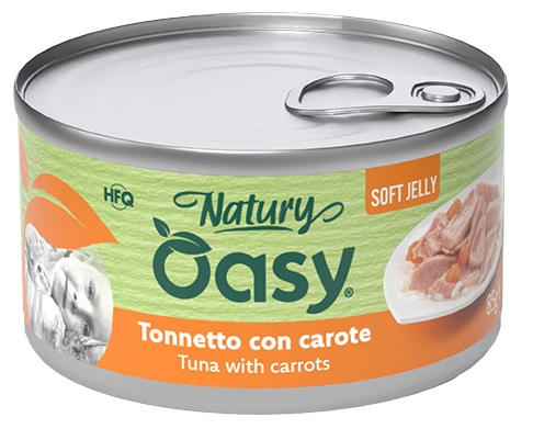 Oasy Wet Cat Natury Soft Jelly Cibo Umido per Gatti Gusto Tonnetto con Carote Lattina da 150 g