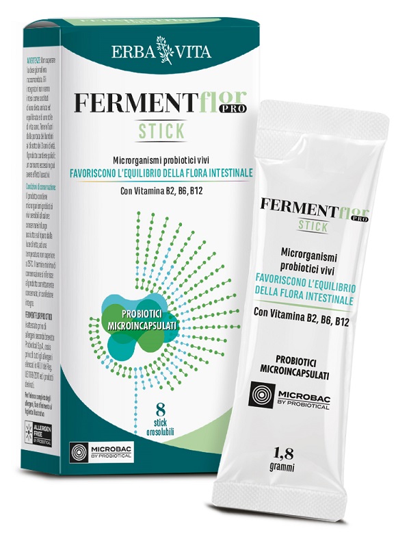 Erba Vita Fermentflor Pro Probiotico per Equilibrio Intestinale e Difese Immunitarie 8 stick orosolubili