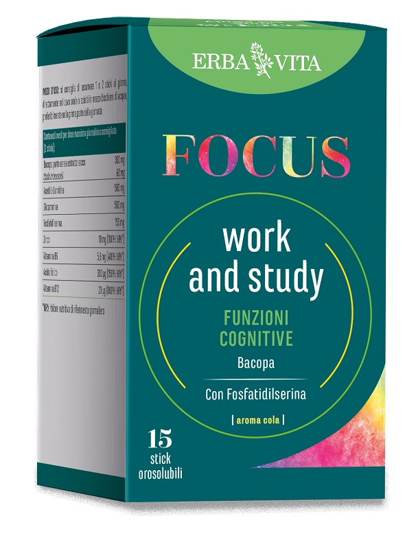 Erba Vita Focus Work and Study Integratore per le Funzioni Cognitive 15 stick orosolubili da 3 g