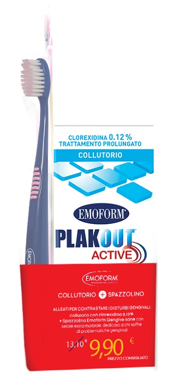 Emoform Plak Out Active kit per Igiene Orale Collutorio 0,12% Clorexidina 200 ml + Emoform Gengive Sane Spazzolino