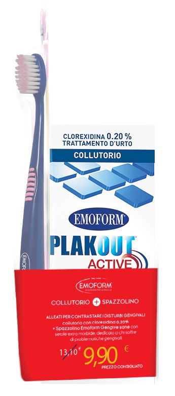 Emoform Plak Out Active Kit per Igiene Orale Colluttorio 0,20% Clorexidina con Collutorio 200 ml + Emoform Gengive Sane Spazzolino